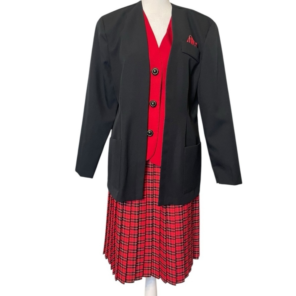 Vintage 80s Plaid Skirt Suit Set Red Black Power Suit Berg-Ray 10 Secretary Chic - Picture 4 of 11
